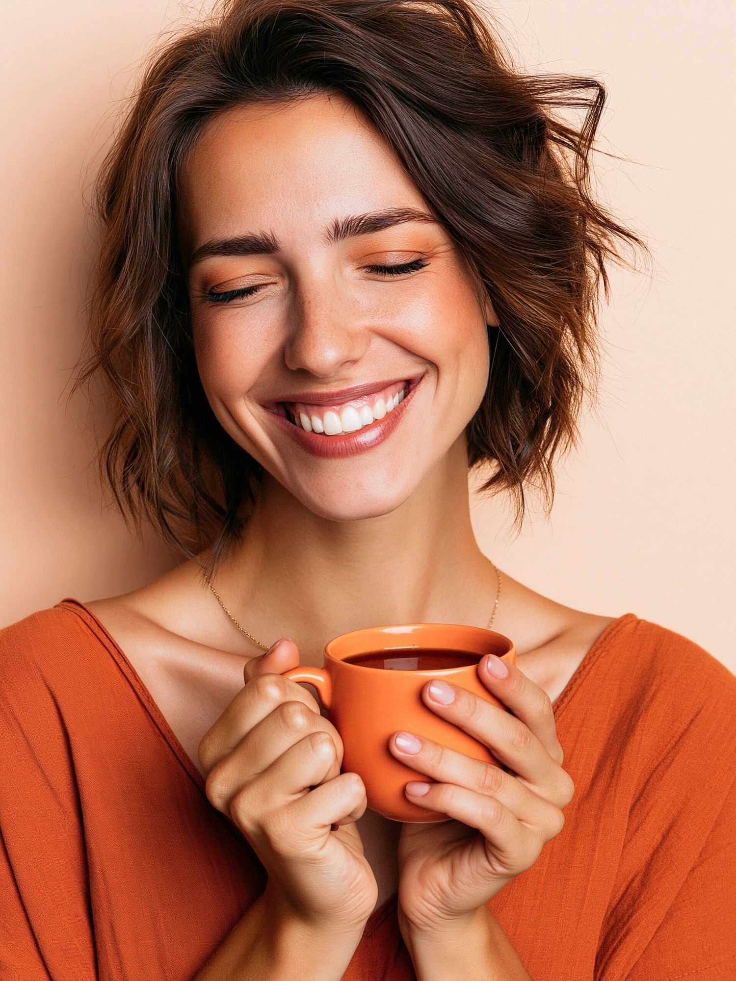 Smiling Woman with Coffee Photography Poster. poster detail