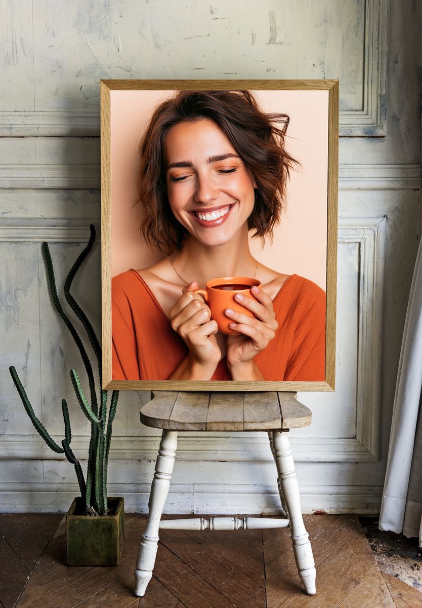 Smiling Woman with Coffee Photography Poster. room preview