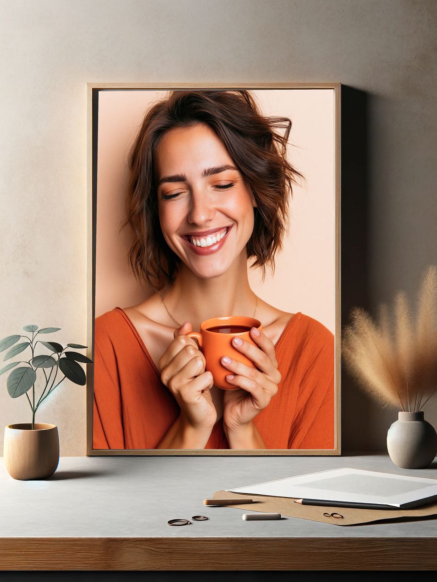 Smiling Woman with Coffee Photography Poster. — room view 2