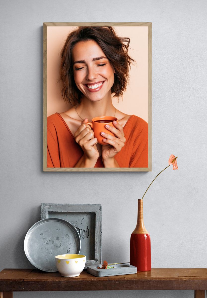 Smiling Woman with Coffee Photography Poster. — room view 3
