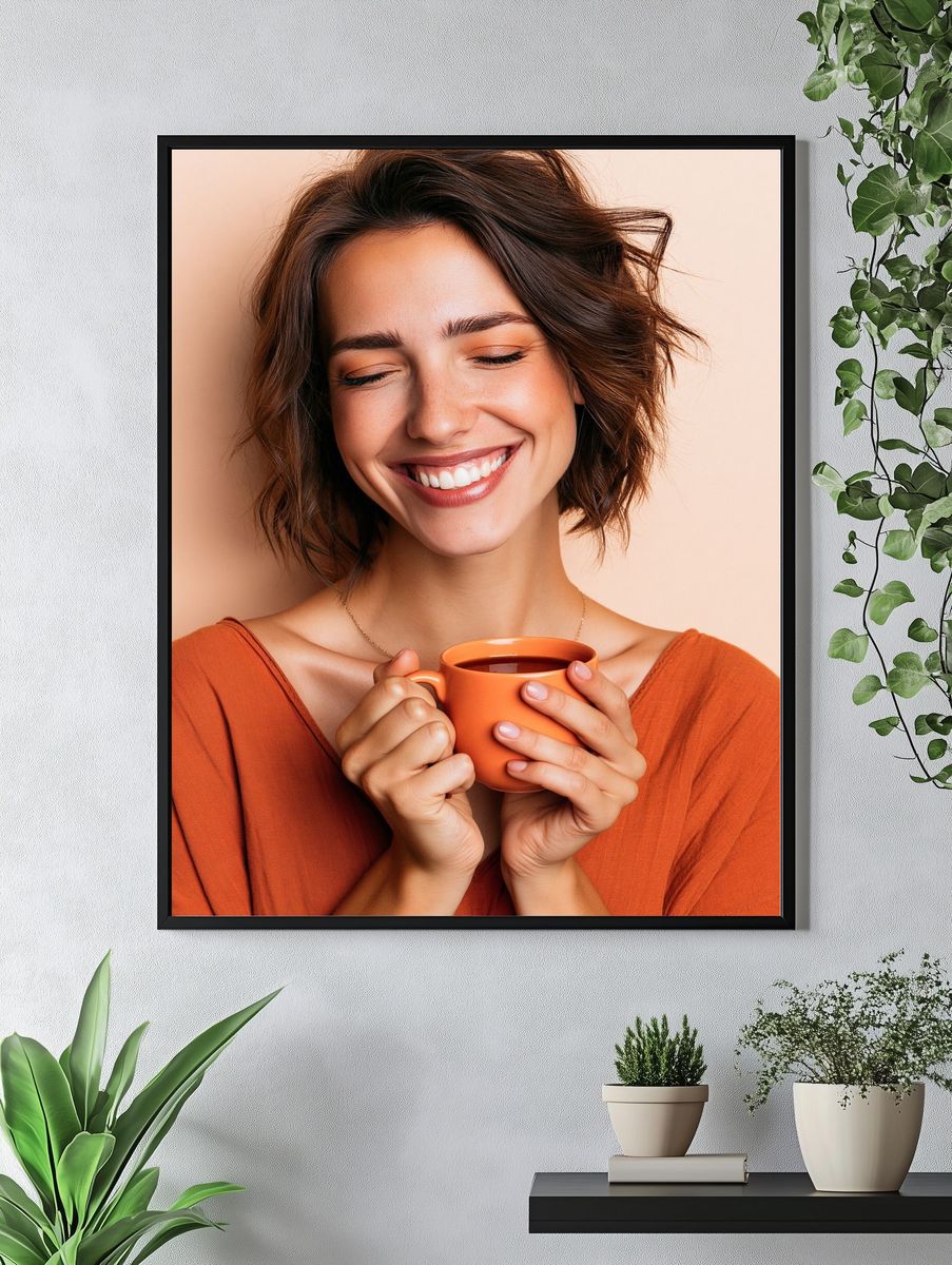 Smiling Woman with Coffee Photography Poster. — room view 4
