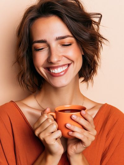 Smiling Woman with Coffee Photography Poster. poster
