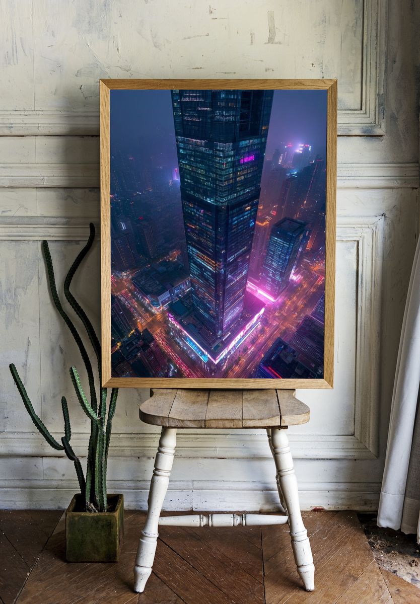 Neon City Skyline Photography Poster. room preview