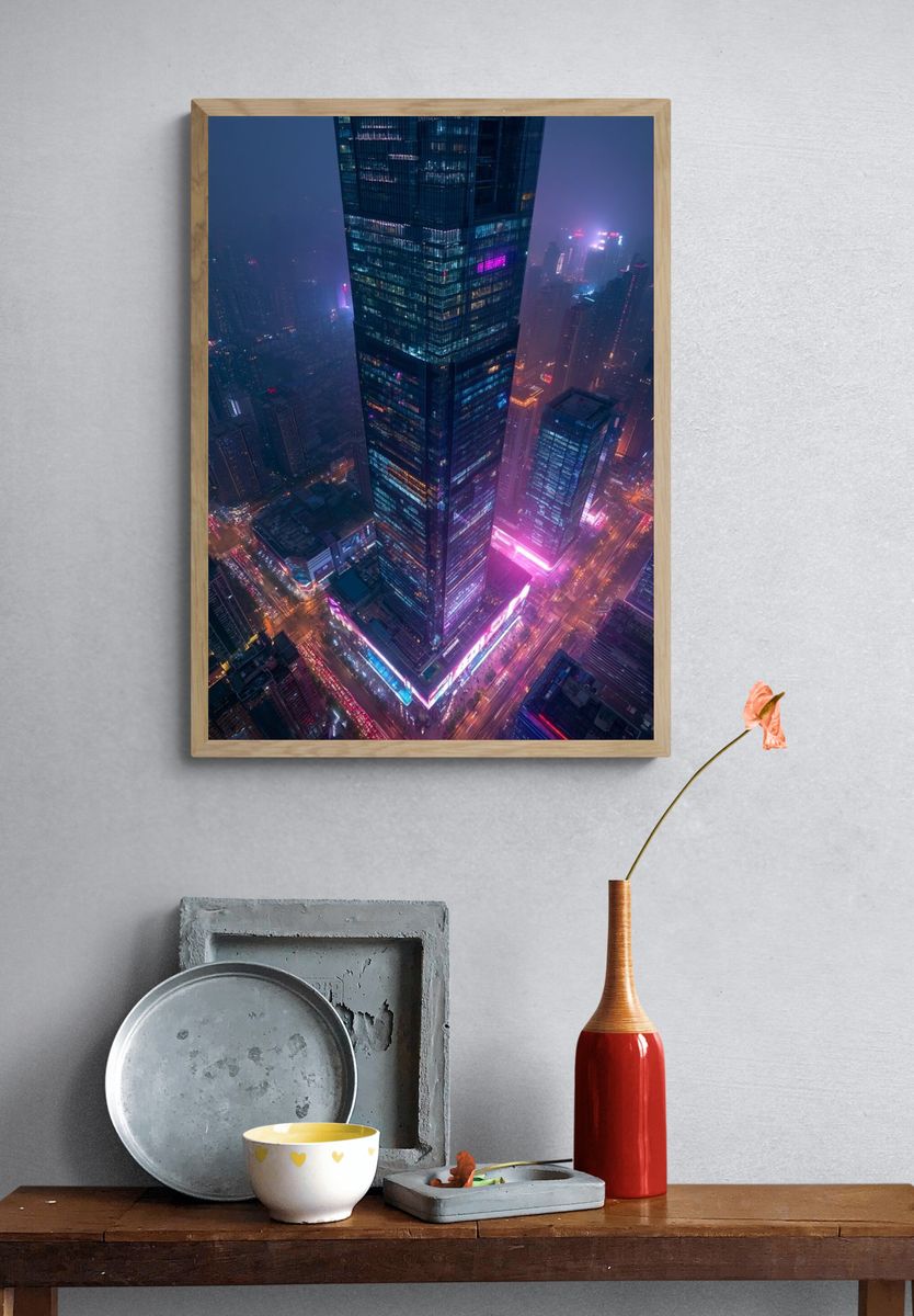 Neon City Skyline Photography Poster. — room view 3