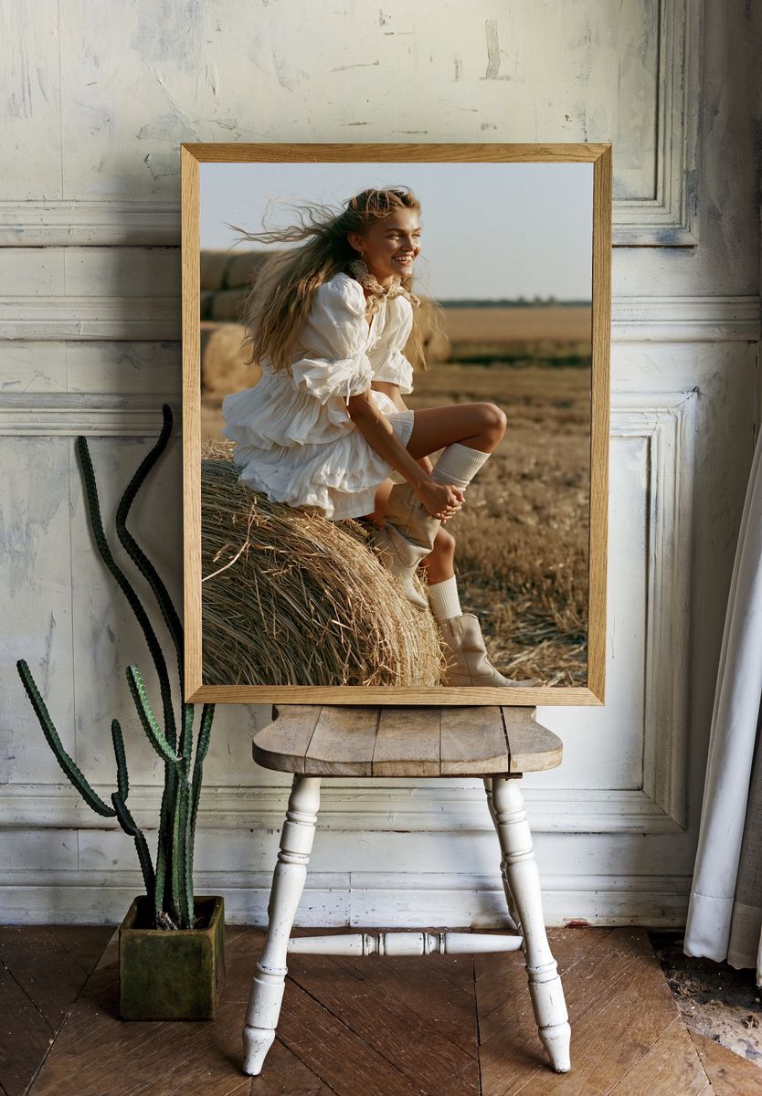 Sunlit Hay Bale Portrait Print. room preview