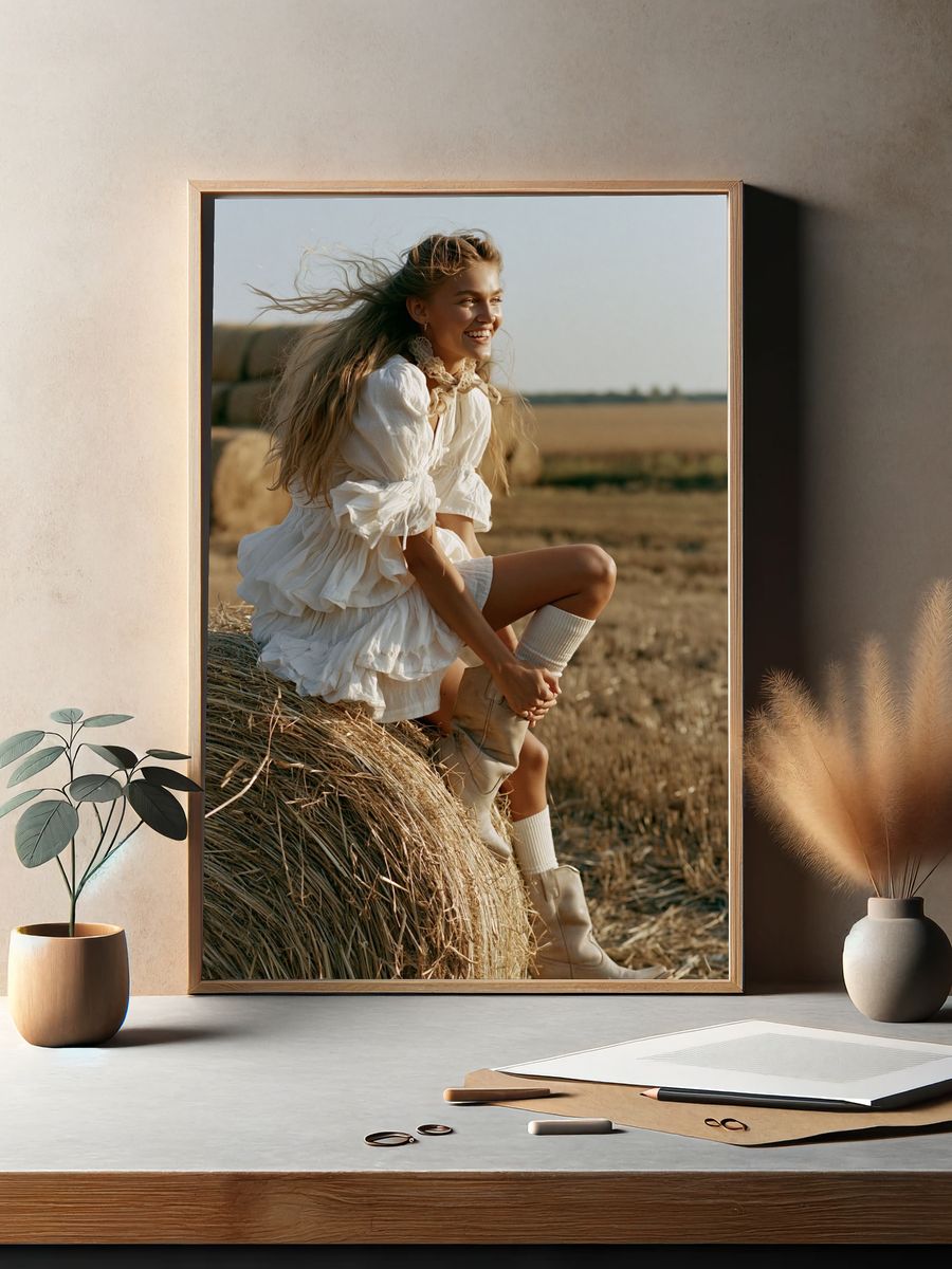 Sunlit Hay Bale Portrait Print. — room view 2