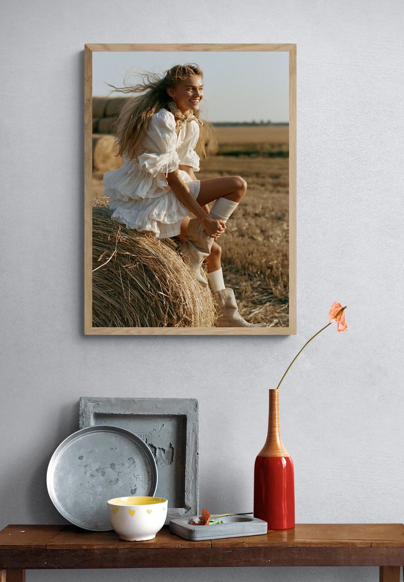 Sunlit Hay Bale Portrait Print. — room view 3