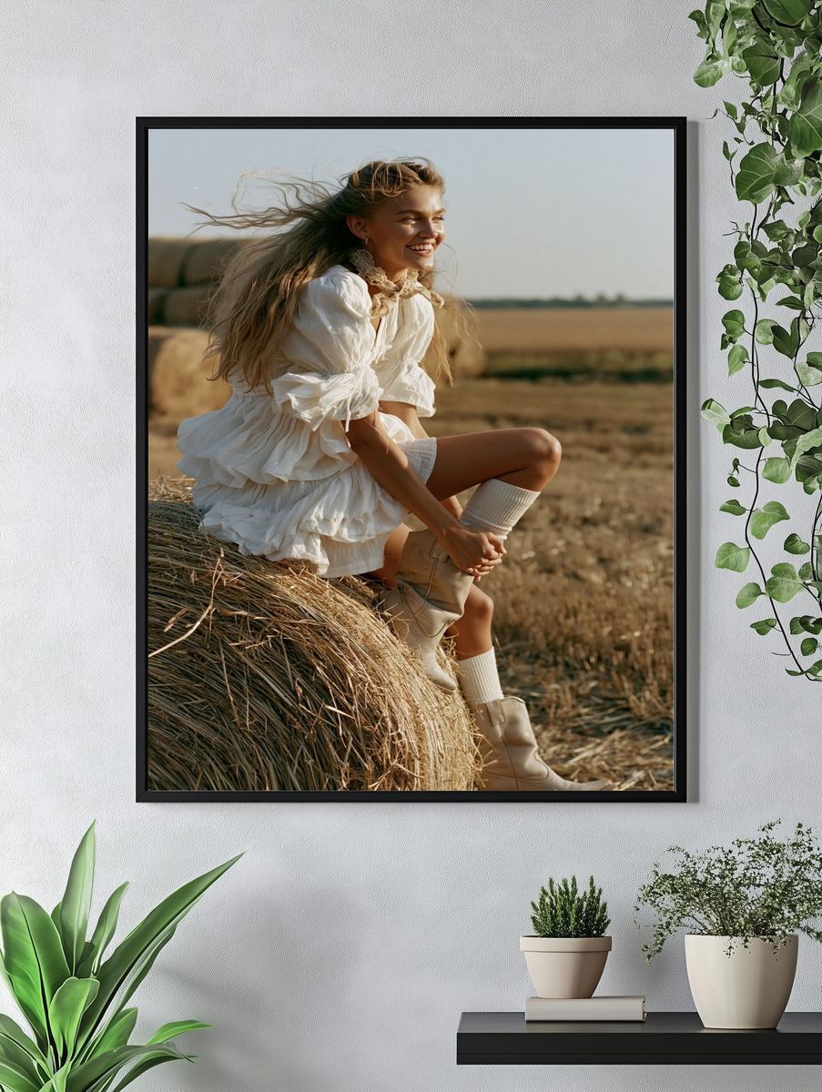 Sunlit Hay Bale Portrait Print. — room view 4