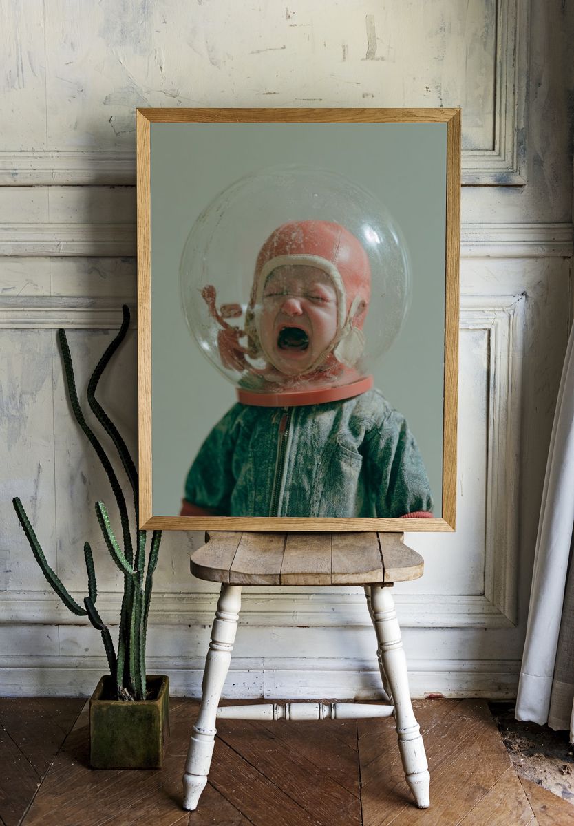 Yawning Baby Helmet Portrait Print. — room view 1