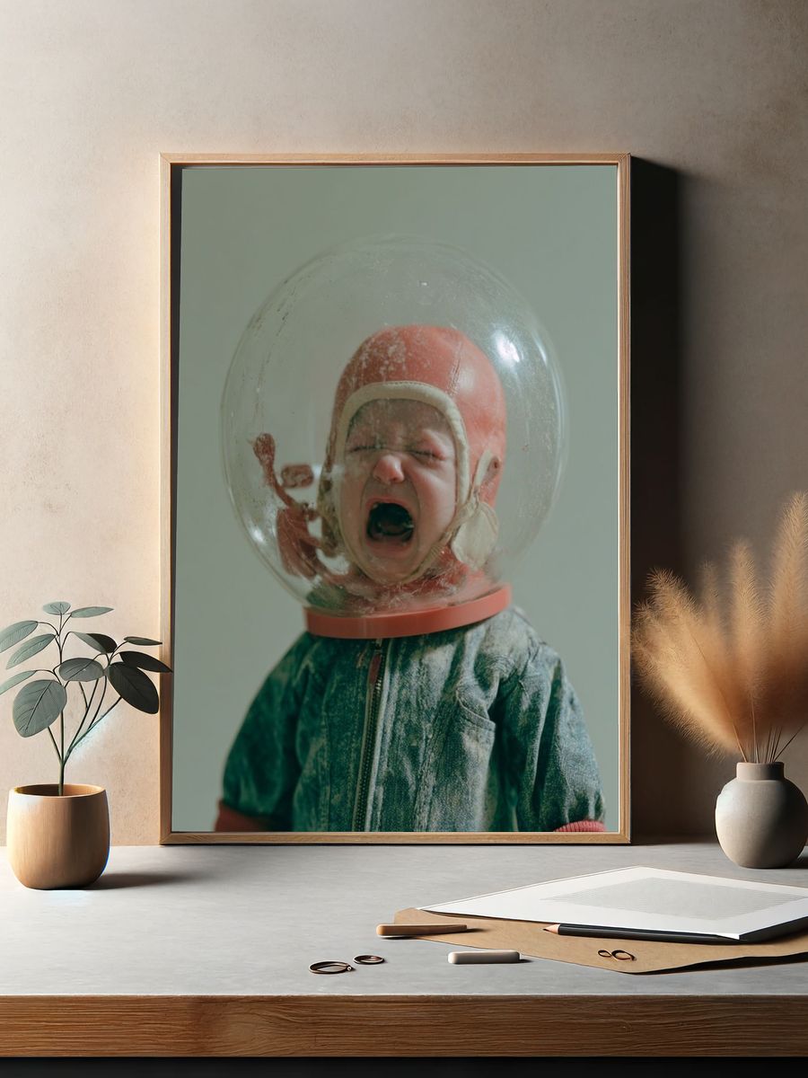 Yawning Baby Helmet Portrait Print. — room view 2