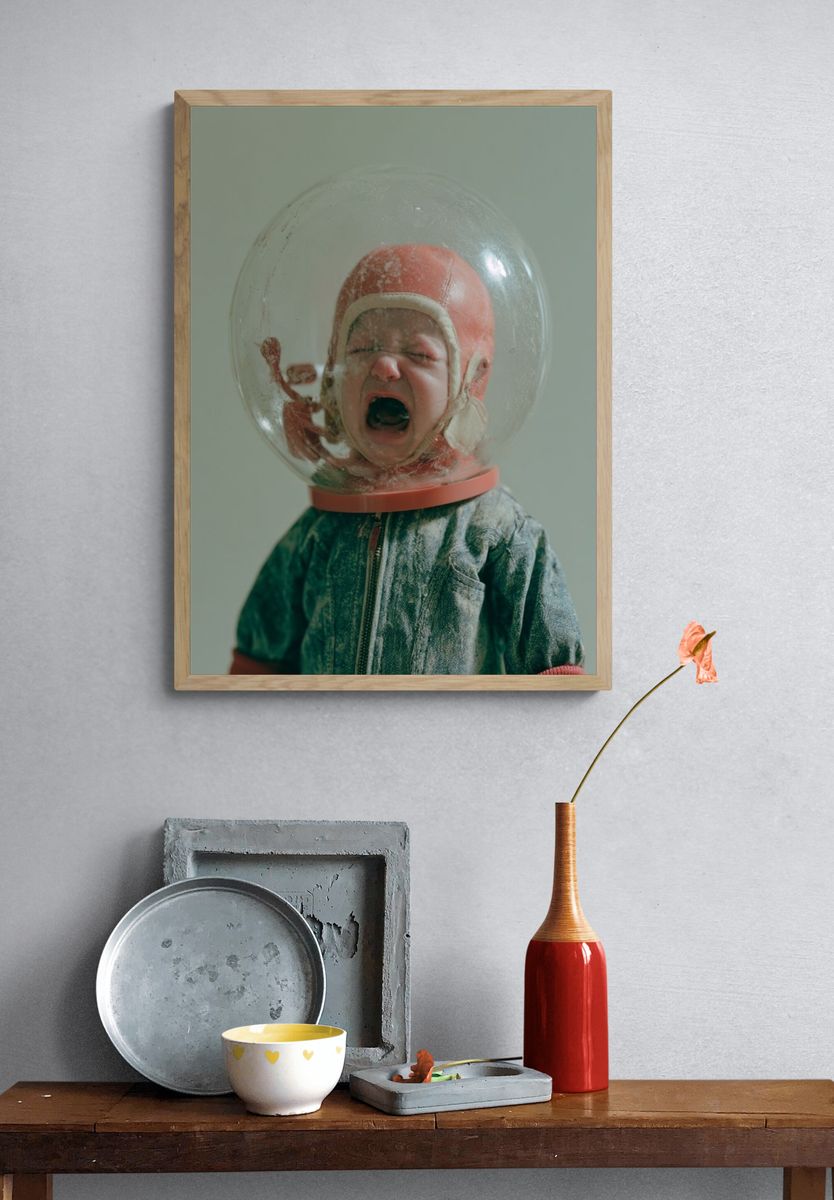 Yawning Baby Helmet Portrait Print. — room view 3