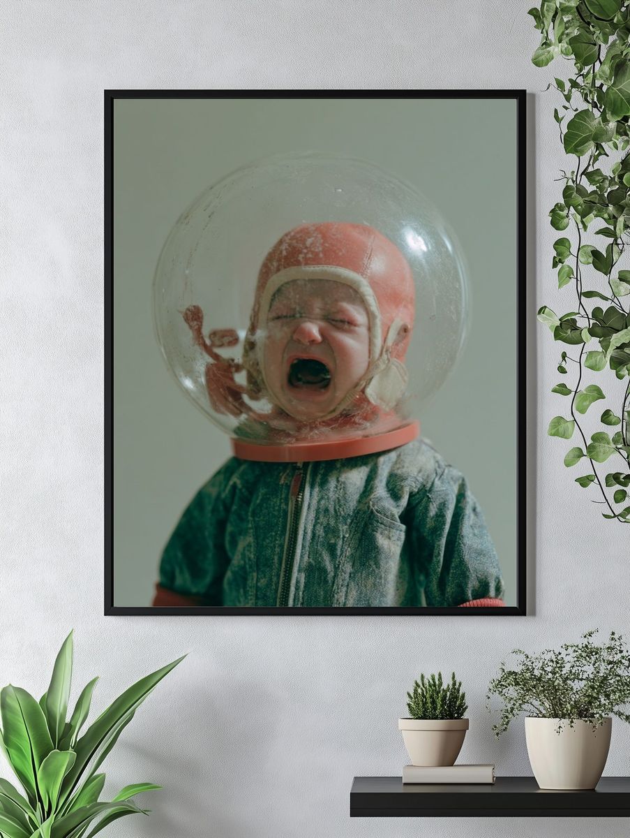 Yawning Baby Helmet Portrait Print. — room view 4