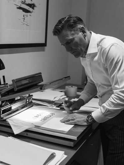 Tailor at Work Black-White Poster. poster