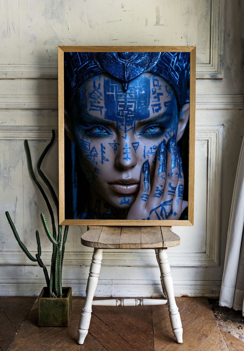 Blue Cyberpunk Portrait Print. room preview