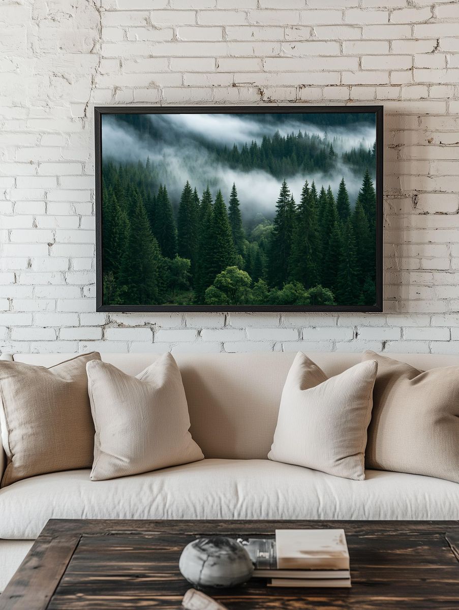 Misty Pine Forest Photography Poster. — room view 1