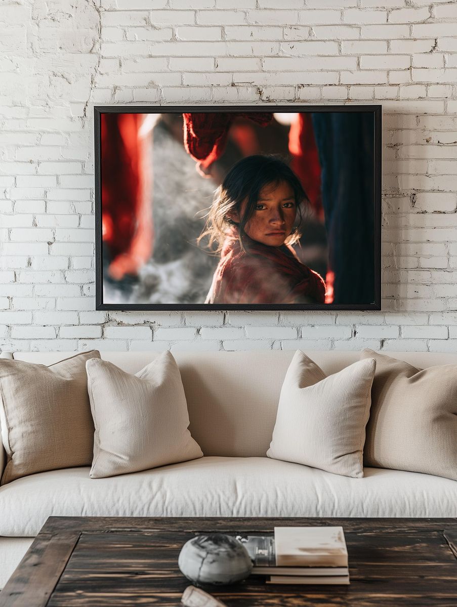 Girl in Red Light Portrait Print. room preview