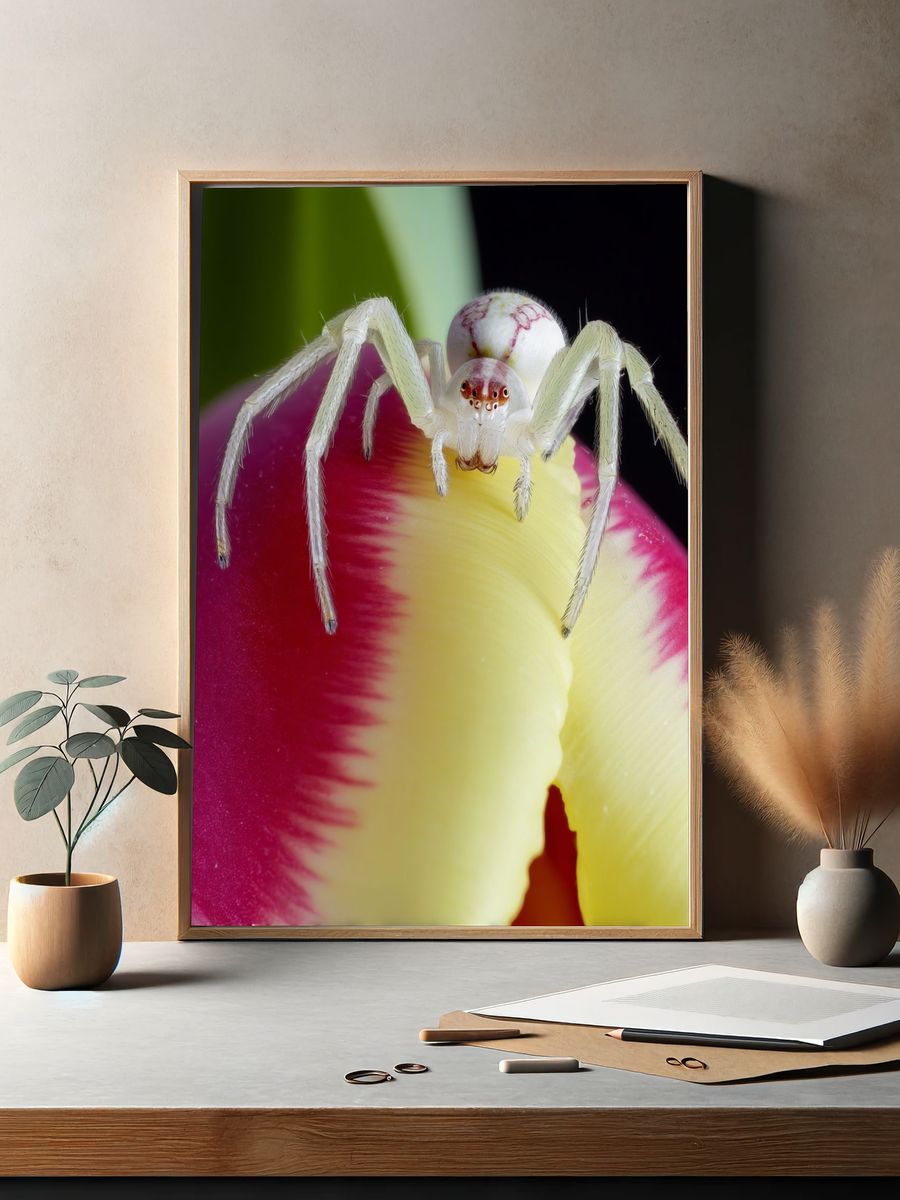 White Crab Spider on Tulip Poster. — room view 2