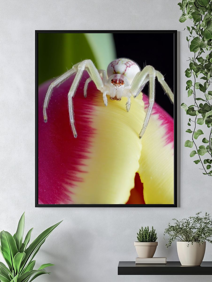 White Crab Spider on Tulip Poster. — room view 4