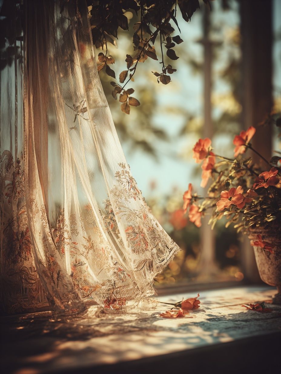 Sunlit Floral Curtain Photography Poster. poster — photography art
