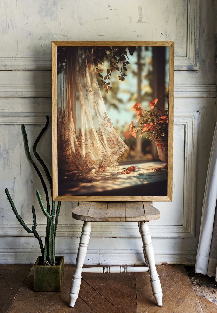 Sunlit Floral Curtain Photography Poster. — room view 1