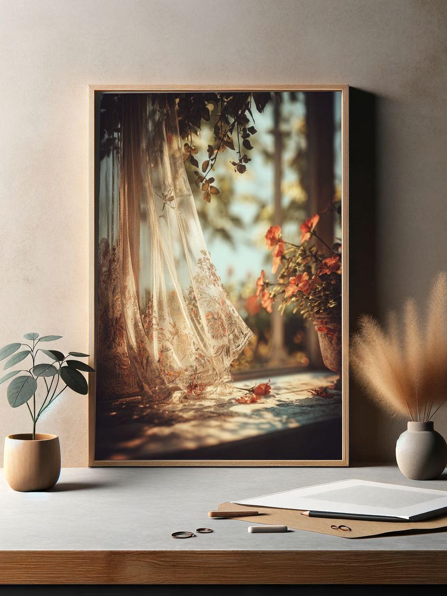 Sunlit Floral Curtain Photography Poster. — room view 2