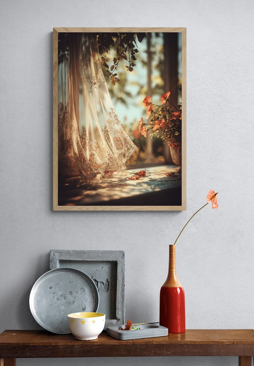 Sunlit Floral Curtain Photography Poster. — room view 3