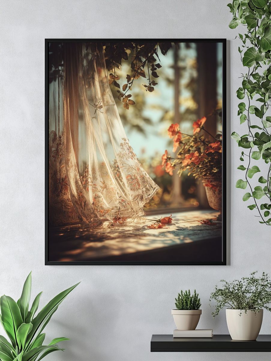 Sunlit Floral Curtain Photography Poster. — room view 4