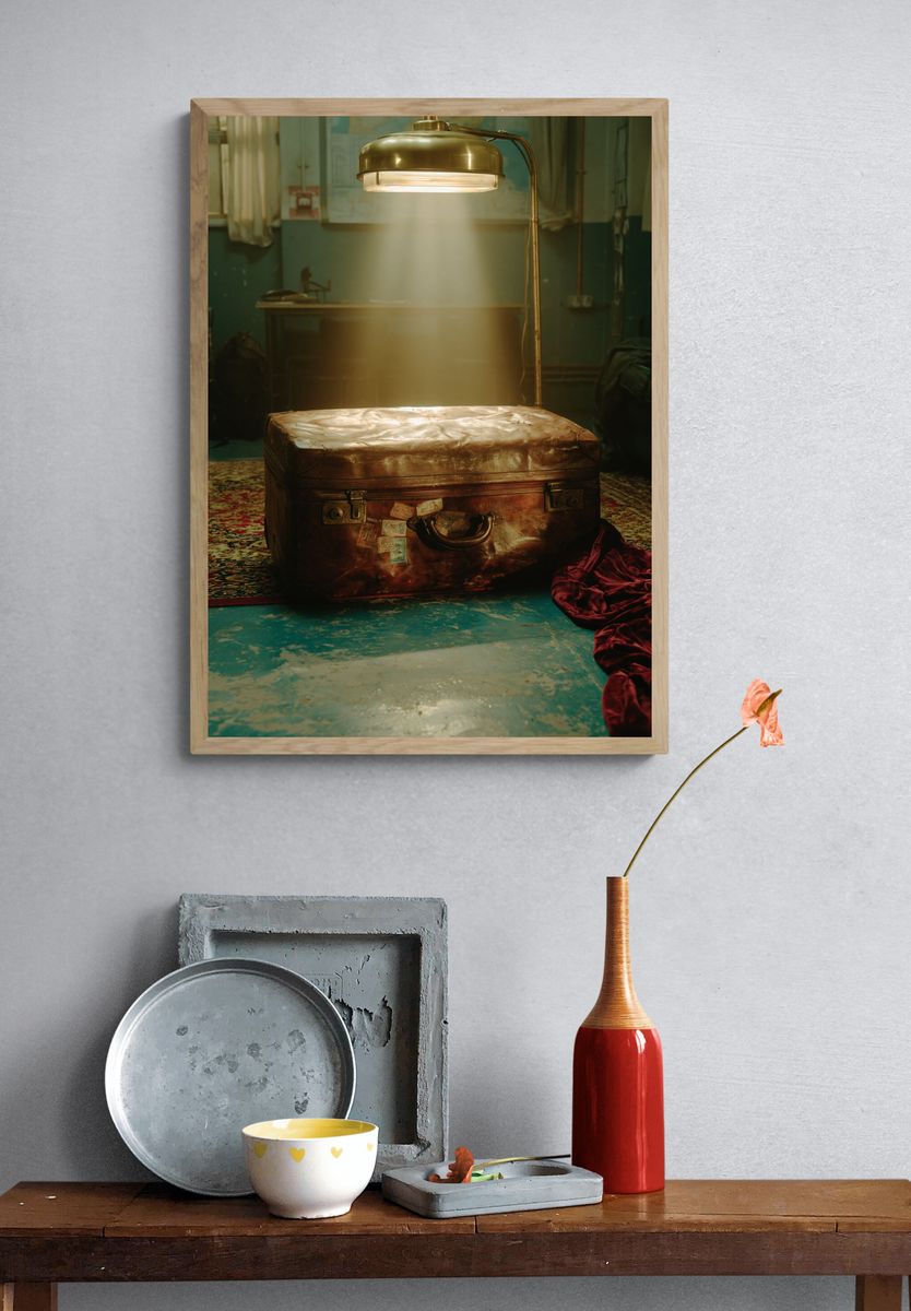 Vintage Suitcase Still Life Poster. — room view 3