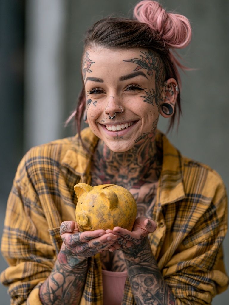Tattooed Portrait with Yellow Piggy Bank Print. poster detail