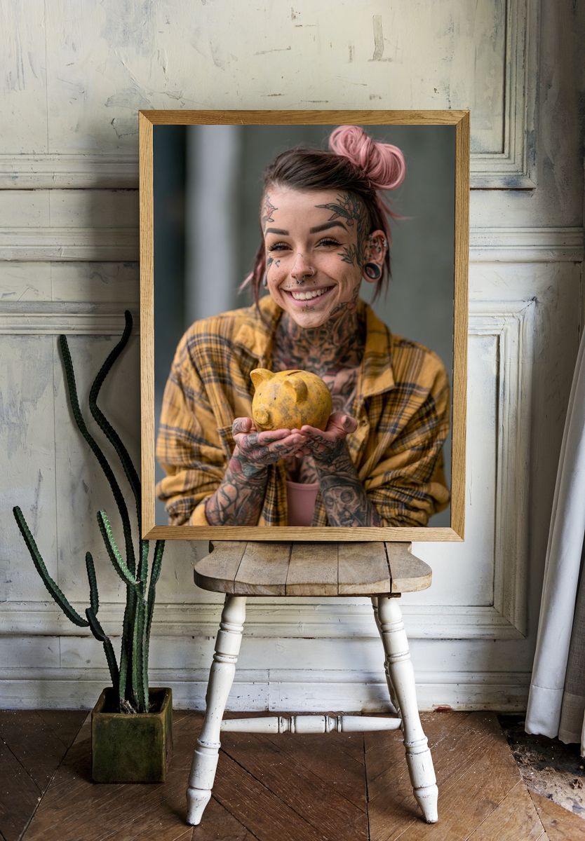 Tattooed Portrait with Yellow Piggy Bank Print. room preview