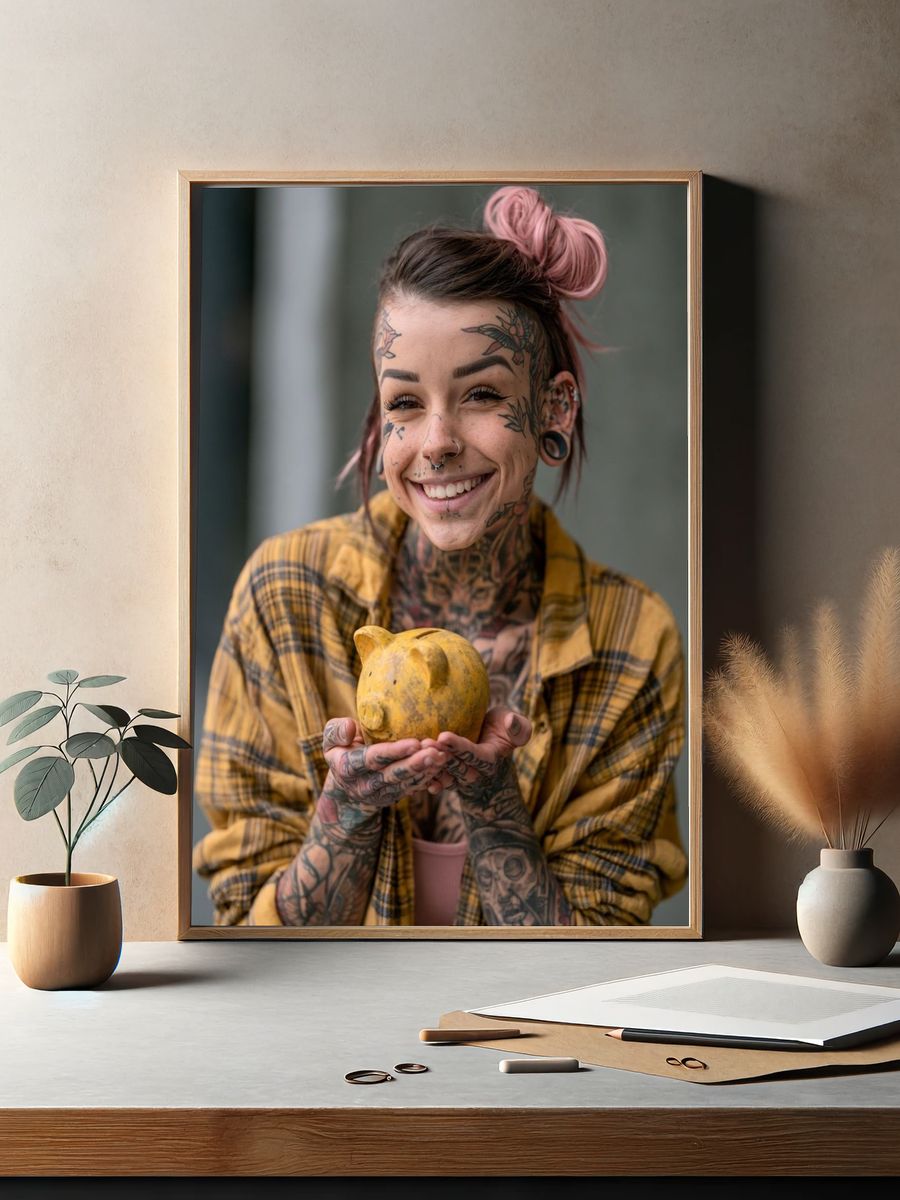 Tattooed Portrait with Yellow Piggy Bank Print. — room view 2