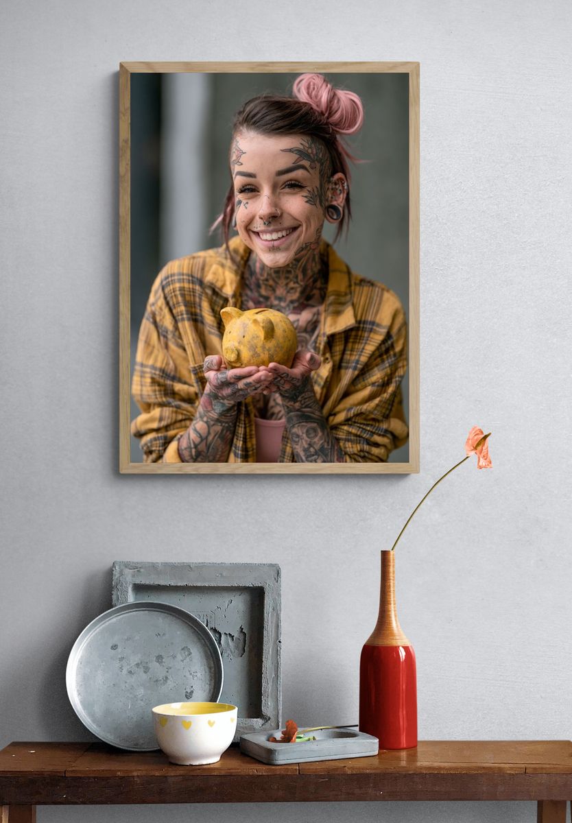 Tattooed Portrait with Yellow Piggy Bank Print. — room view 3