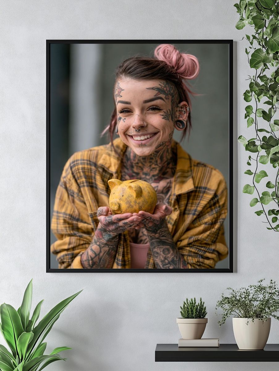 Tattooed Portrait with Yellow Piggy Bank Print. — room view 4