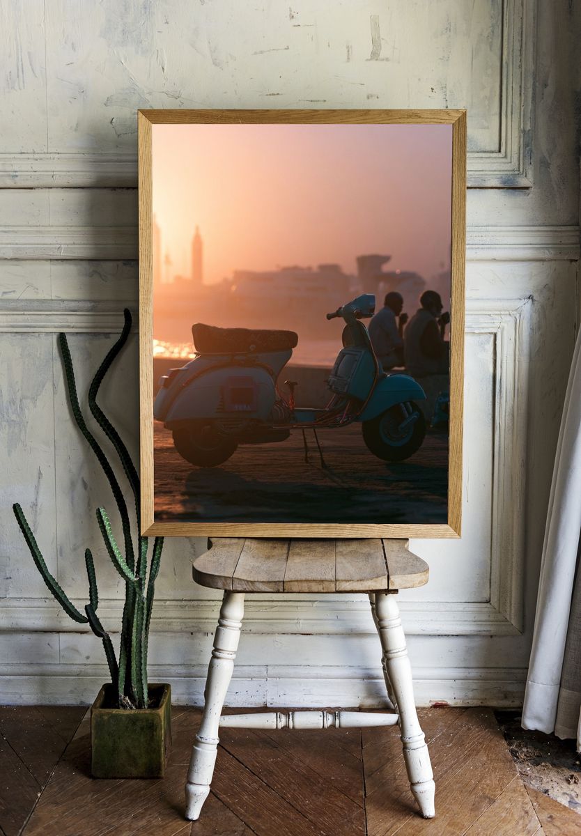 Sunset Vespa by the River Poster. room preview