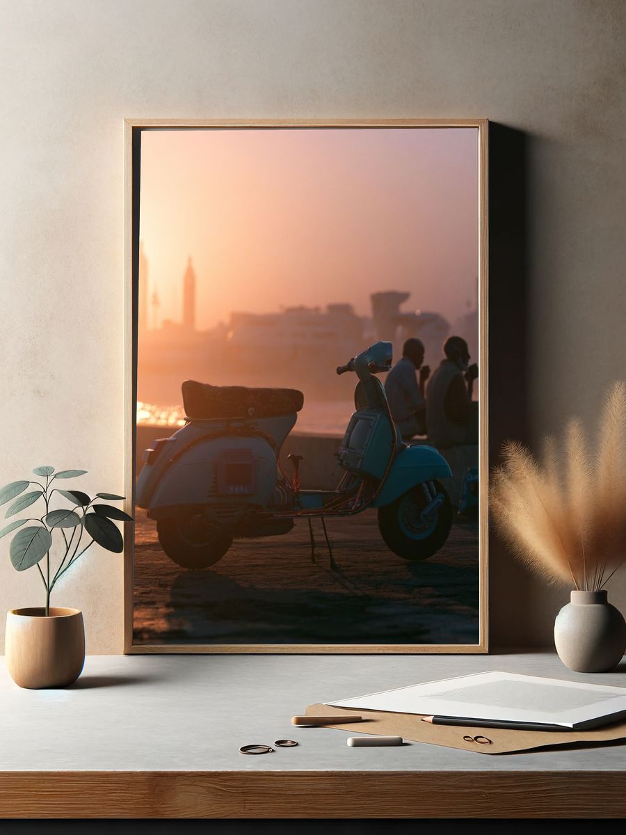 Sunset Vespa by the River Poster. — room view 2