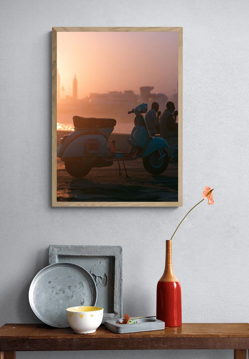 Sunset Vespa by the River Poster. — room view 3