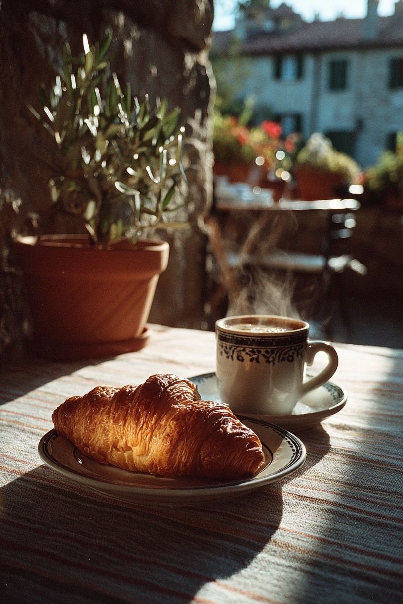 Sunlit Croissant Breakfast Photography Poster. poster detail