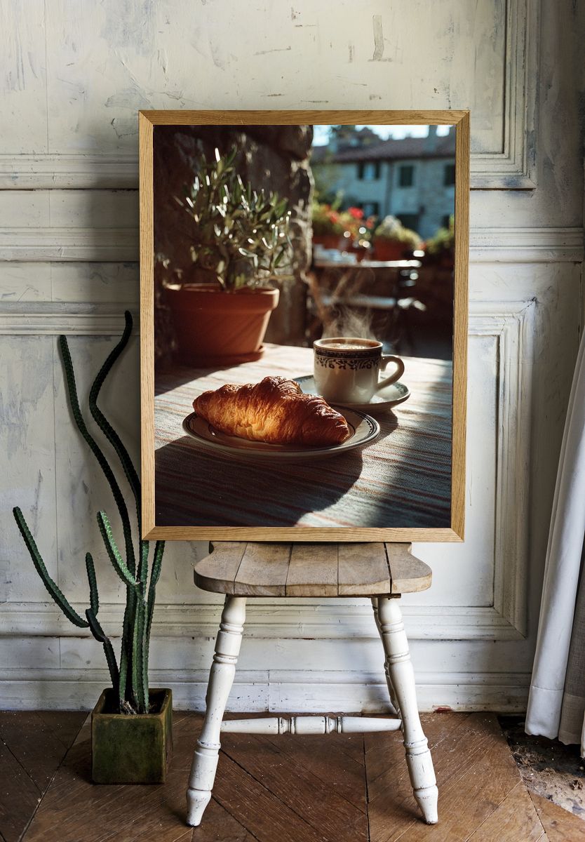 Sunlit Croissant Breakfast Photography Poster. — room view 1