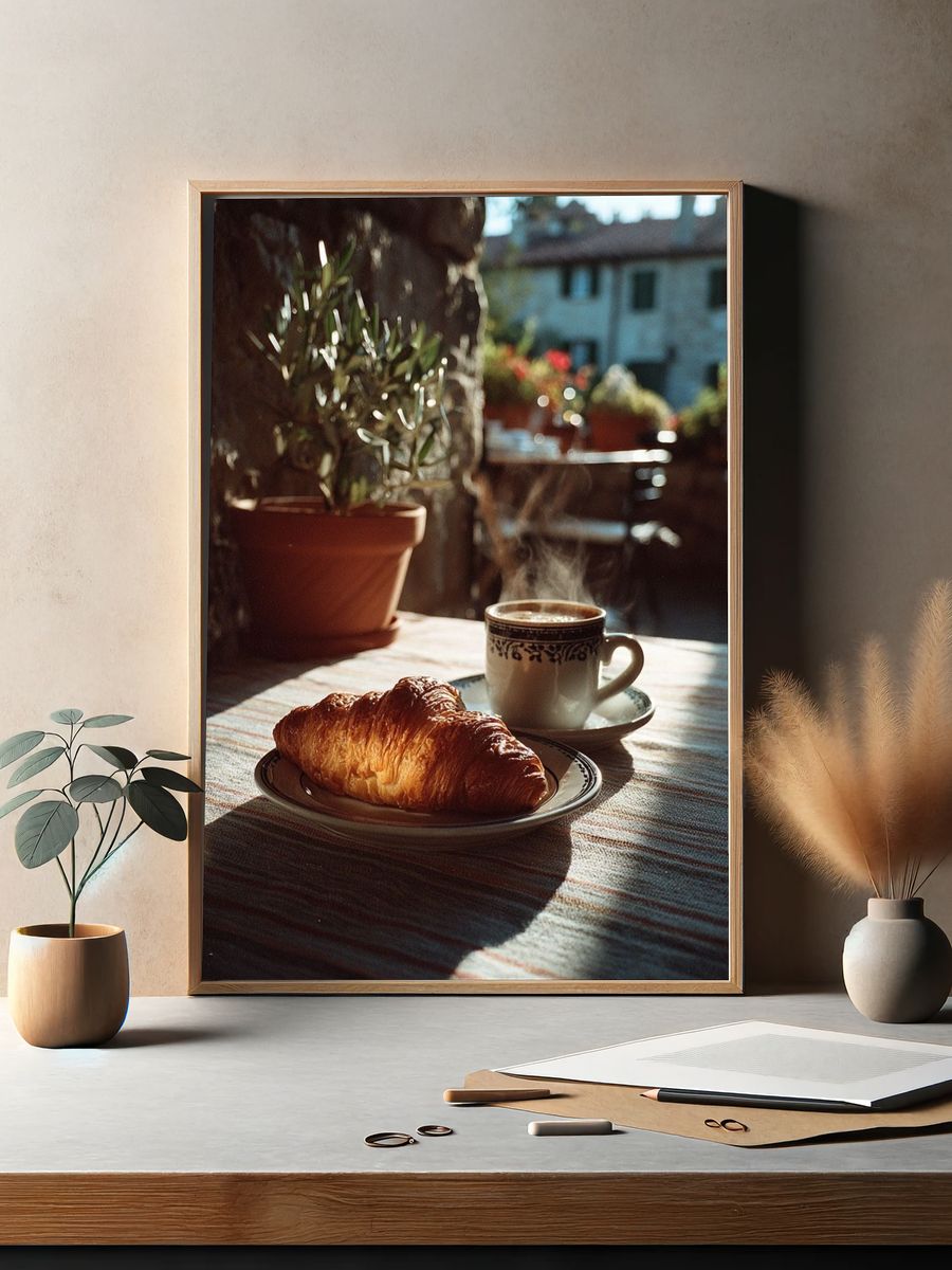 Sunlit Croissant Breakfast Photography Poster. — room view 2