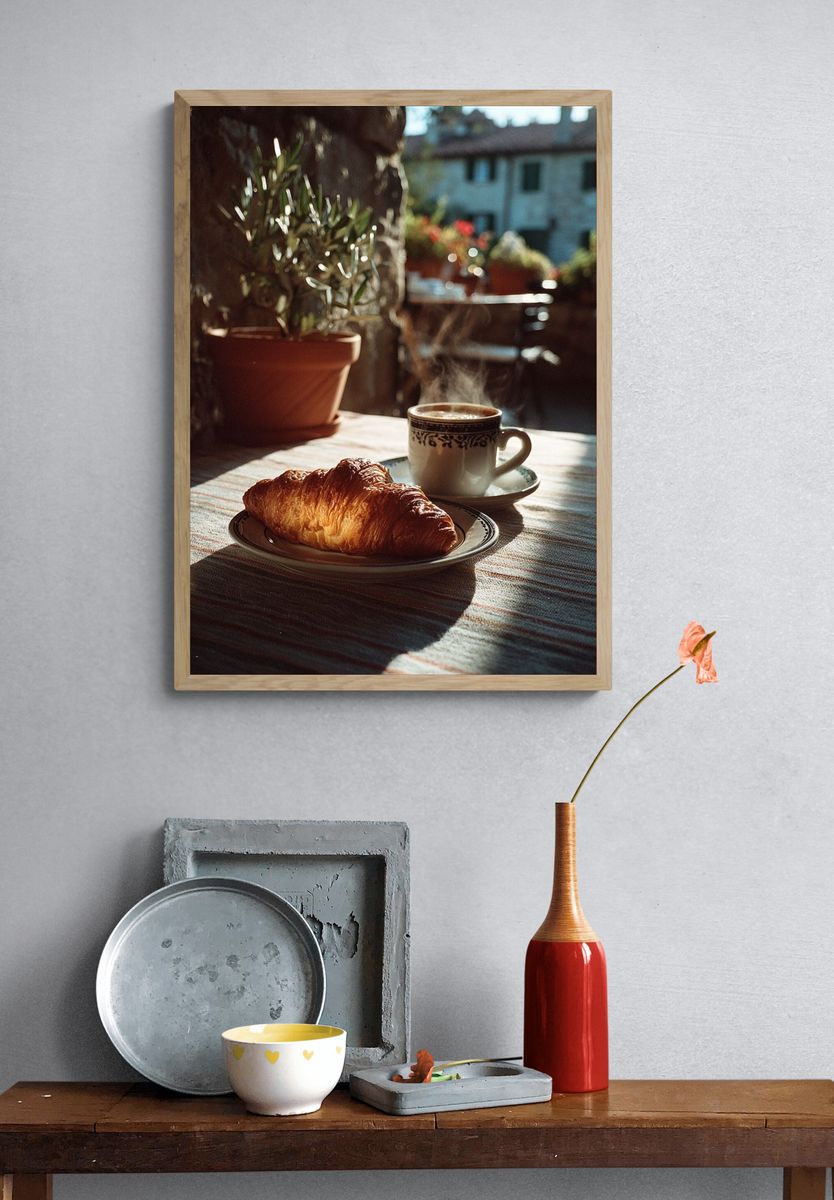 Sunlit Croissant Breakfast Photography Poster. — room view 3
