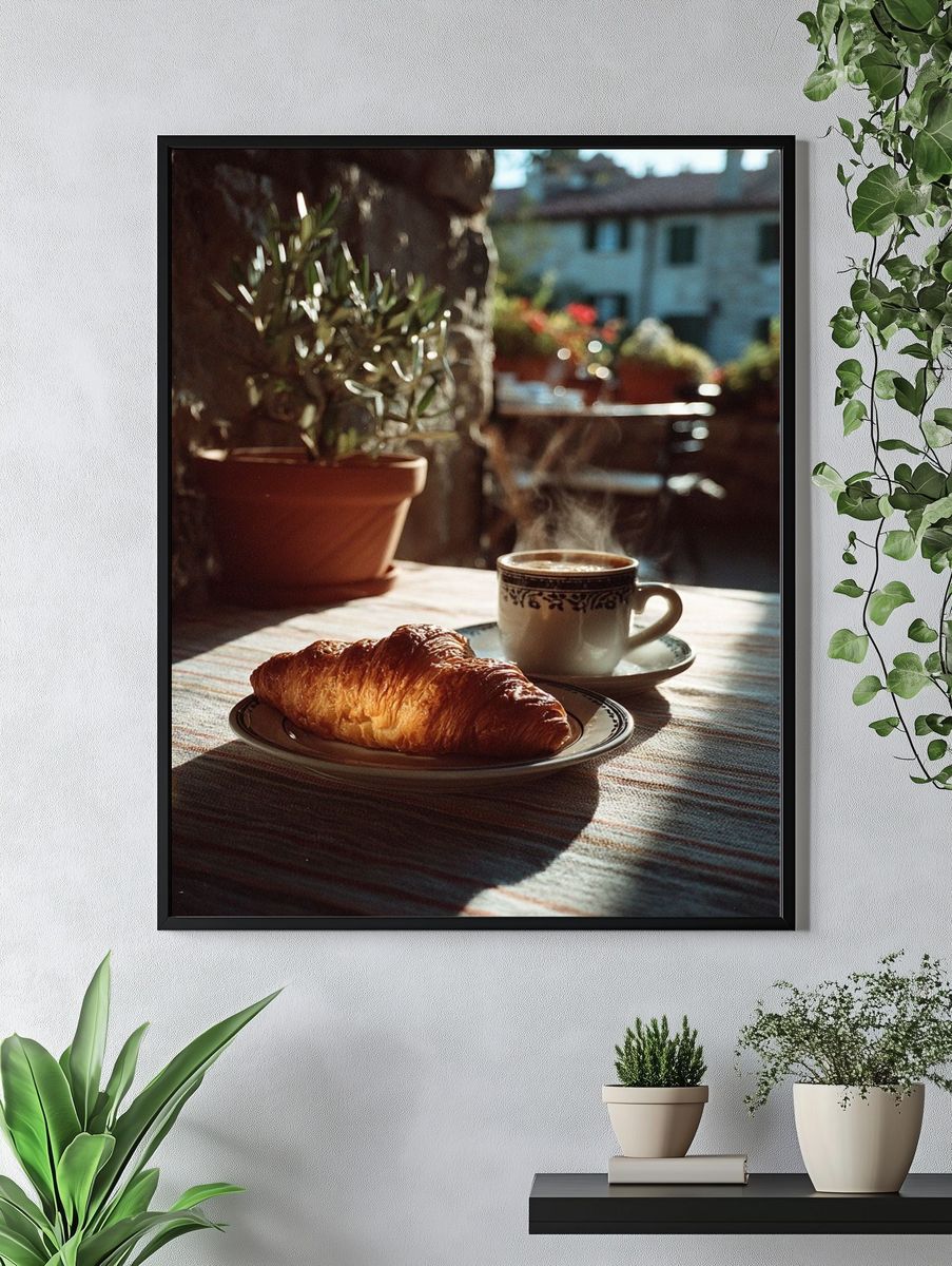 Sunlit Croissant Breakfast Photography Poster. — room view 4