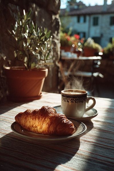 Sunlit Croissant Breakfast Photography Poster.