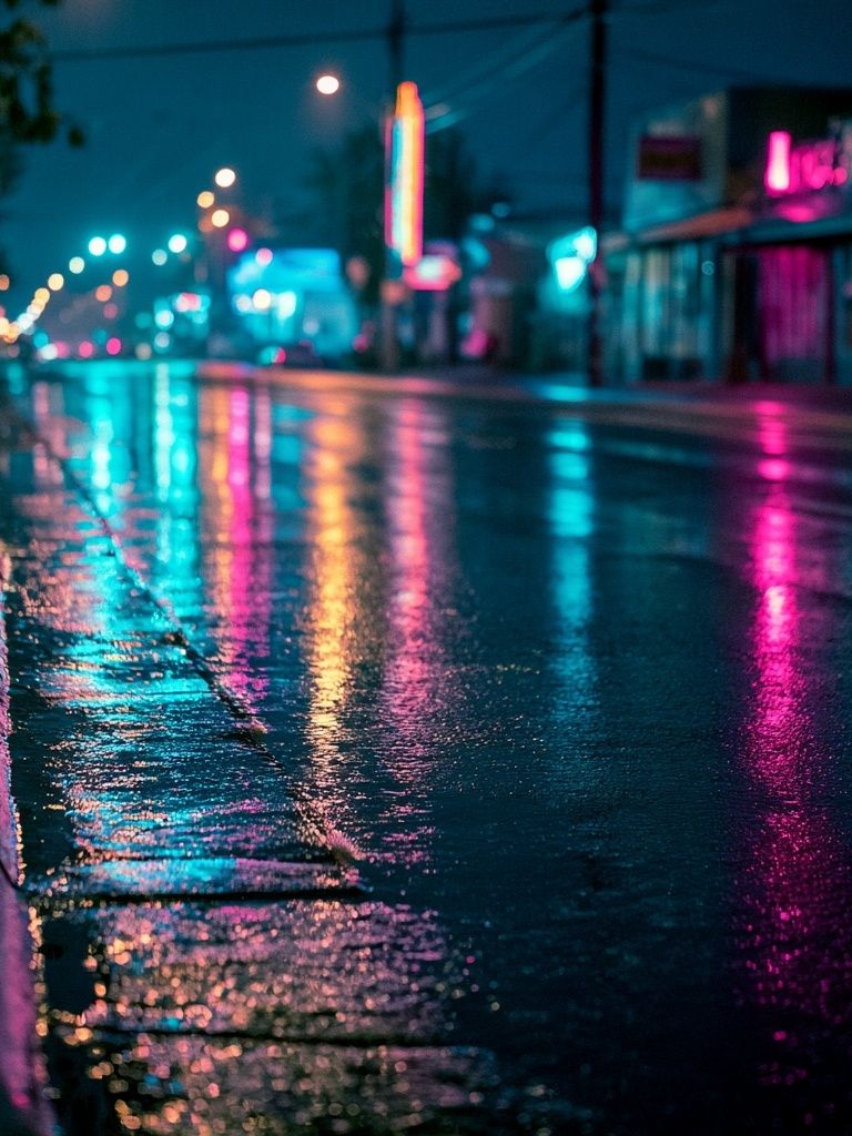 Neon Rainy Street Photography Poster. poster detail