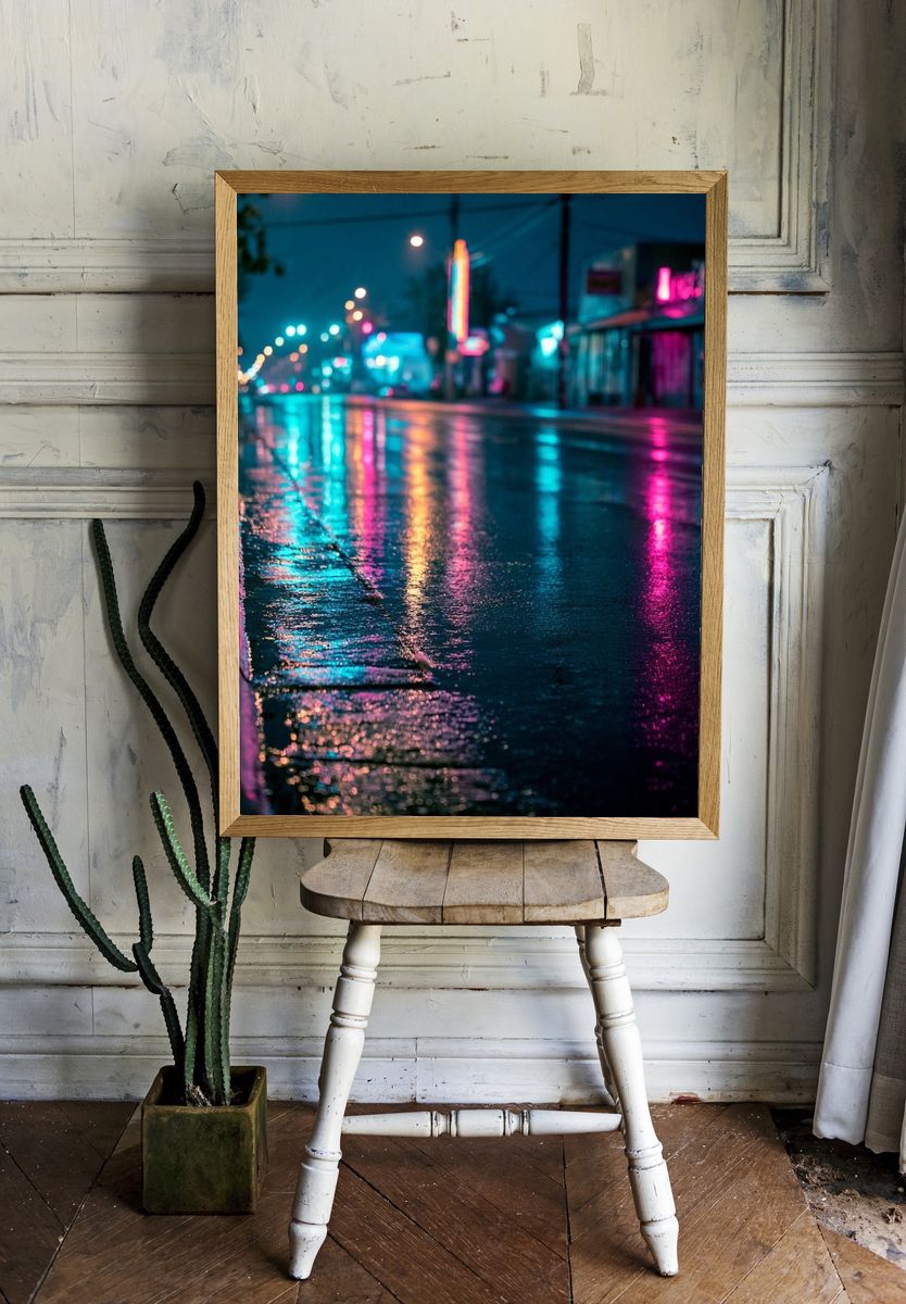 Neon Rainy Street Photography Poster. — room view 1