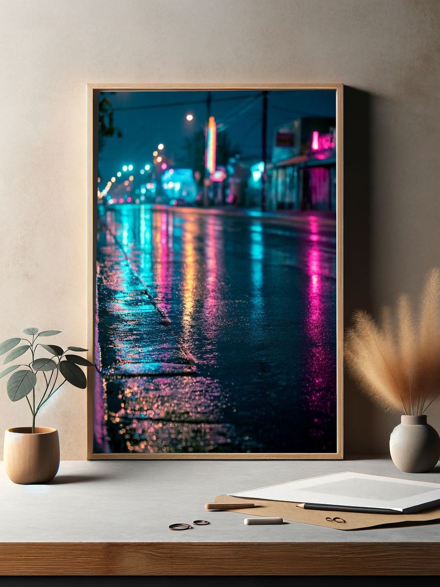 Neon Rainy Street Photography Poster. — room view 2