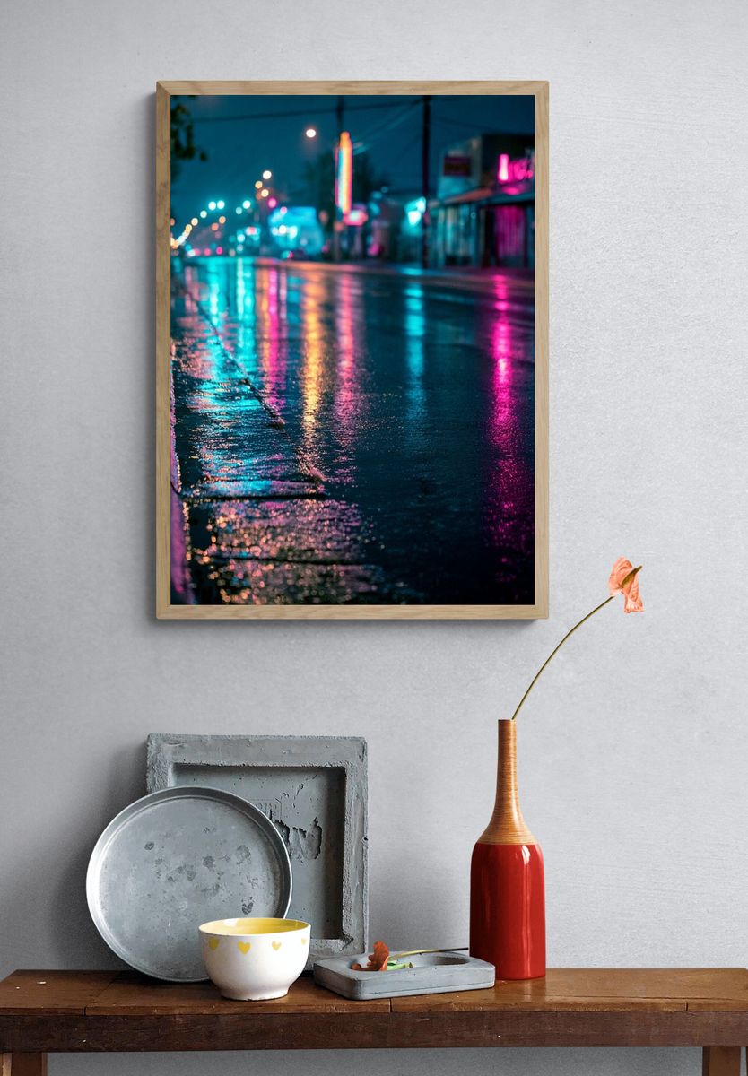 Neon Rainy Street Photography Poster. — room view 3