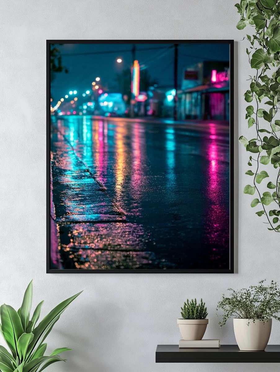 Neon Rainy Street Photography Poster. — room view 4