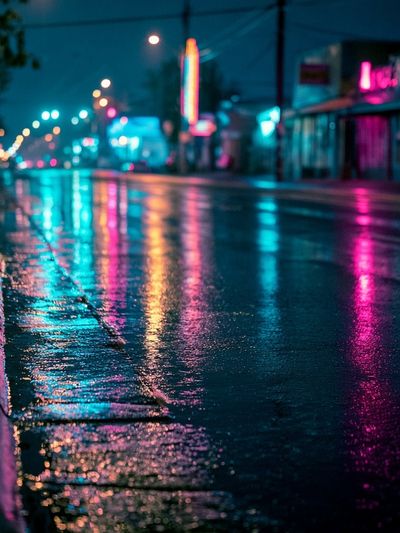 Neon Rainy Street Photography Poster. poster