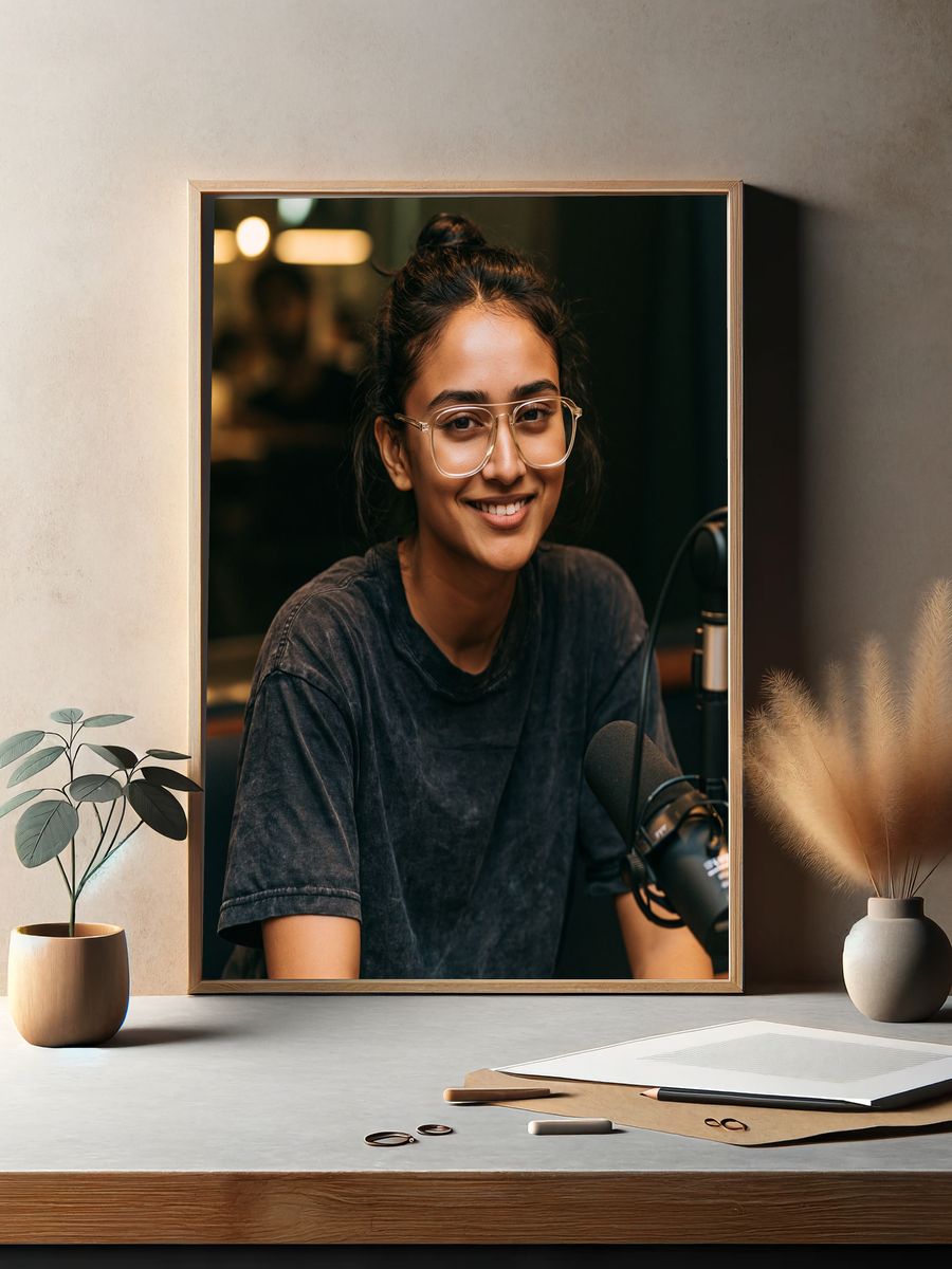 Smiling Podcast Host Portrait Print. — room view 2