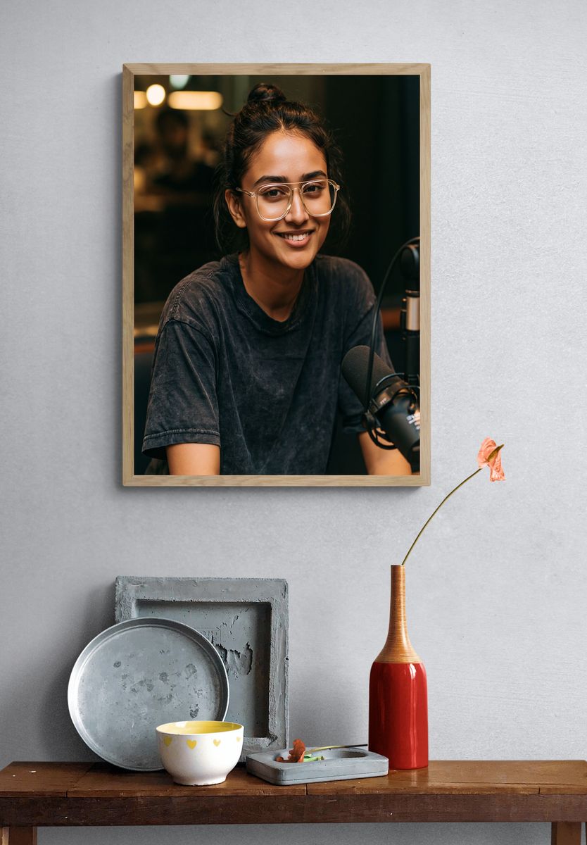 Smiling Podcast Host Portrait Print. — room view 3